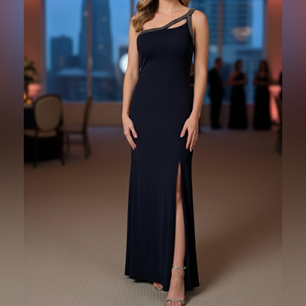 One-Shoulder Navy Beaded Gown – Size 8 / EUR 38